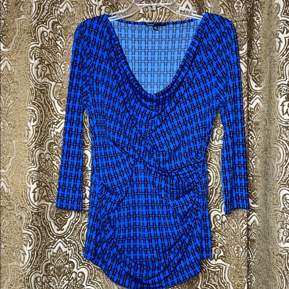 •CHAUS• Blue & Black {cowl neck} Patterned Blouse